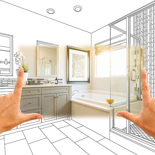 Hands Framing Custom Master Bathroom Photo Section with Drawing Behind