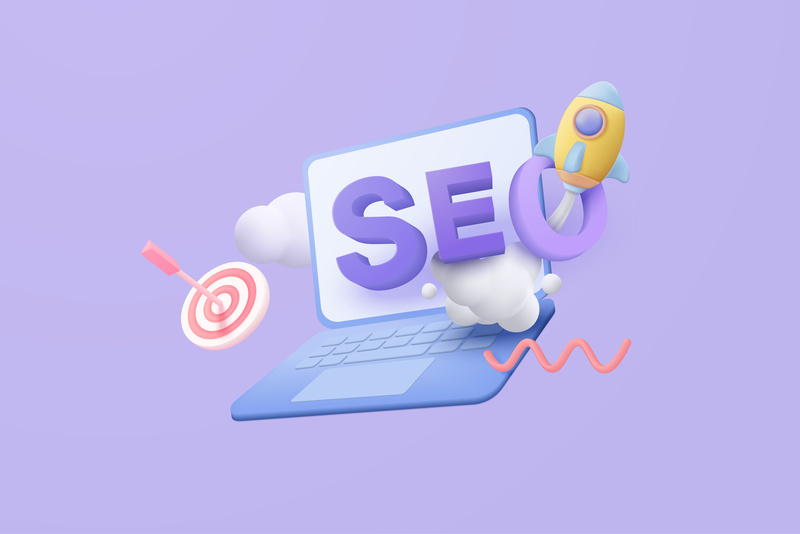 3D SEO optimization with rocket and laptop
