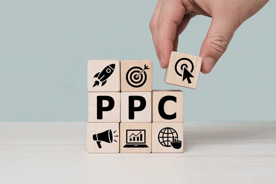 Hand placing a wooden block with a click icon on ppc cubes symbolizing pay per click advertising strategy and online marketing