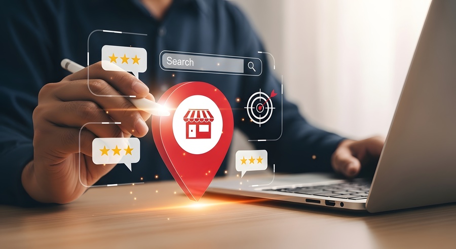 a local seo expert using laptop to manage online presence, reviews, and local search optimization for business